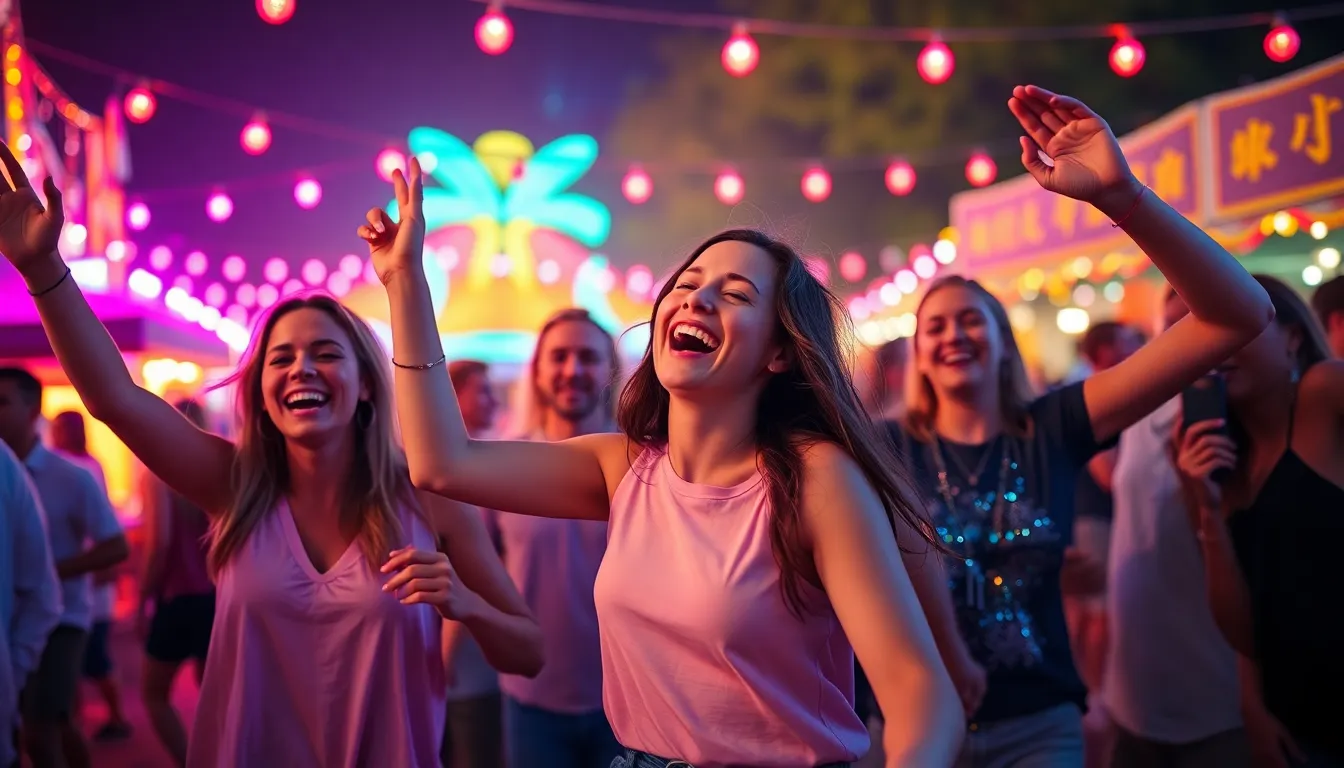 A lively outdoor festival scene captured during twilight, showcasing a group of friends joyfully dancing under vibrant neon lights. The electric colors of pink and blue create a festive atmosphere, while the blurred background emphasizes their happiness. Their varied clothing textures, from soft cotton to sparkling sequins, add depth to the image, inviting the viewer into the celebration. The dynamic composition utilizes leading lines from festival decorations, enhancing the overall energy of the moment.