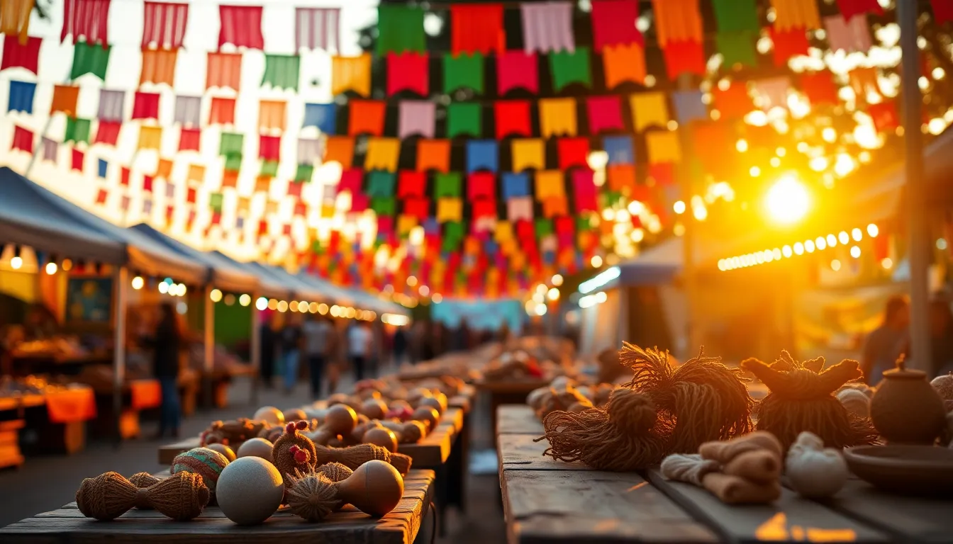 This lively image captures the essence of a vibrant festival at sunset, where colorful flags dance in the breeze. The warm golden hour light creates an inviting atmosphere, illuminating handmade crafts on weathered wooden tables. With shallow depth of field, the background blurs elegantly, emphasizing the joyful decorations and festive spirit of the event. The rich saturation of colors enhances the celebration mood, making this a captivating visual.
