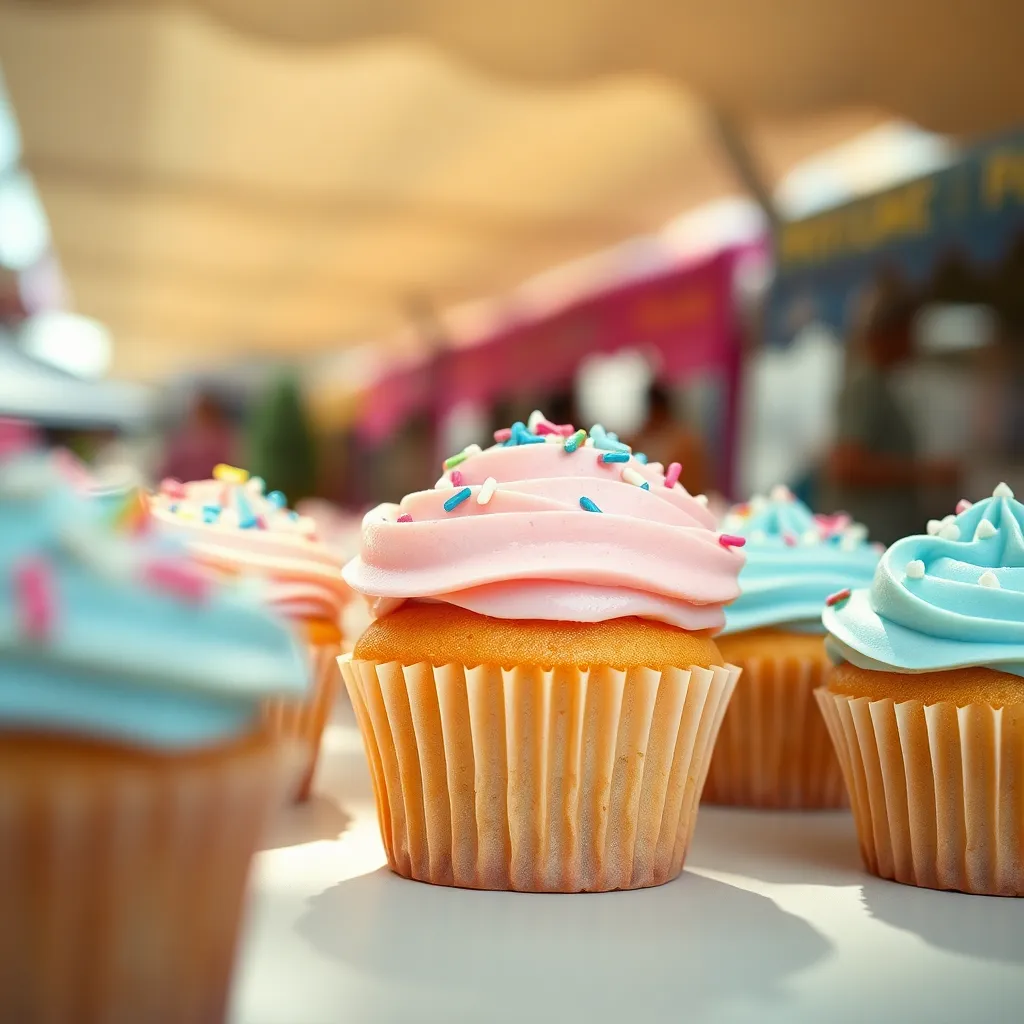 Gourmet Cupcakes at Food Festival Savor the delightful experience of a food festival with a close-up of gourmet cupcakes, each intricately decorated. Soft daylight illuminates the colorful frosting and delicate sprinkles, creating a visually appealing treat. The shallow depth of field focuses on the artistry of the main cupcake, while others provide a fragrant backdrop. This mouth-watering scene captures the essence of culinary creativity and festival indulgence.