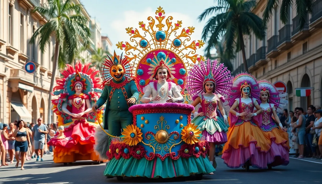 This lively image captures the essence of a carnival parade, showcasing intricately decorated floats and performers in stunning costumes. The bright daylight enhances the colors and details, immersing the viewer in the festive atmosphere. The symmetrical composition focuses attention on the main float, while the surrounding performers add dynamism to the scene. It’s a vibrant representation of communal joy and artistic expression found in cultural celebrations.