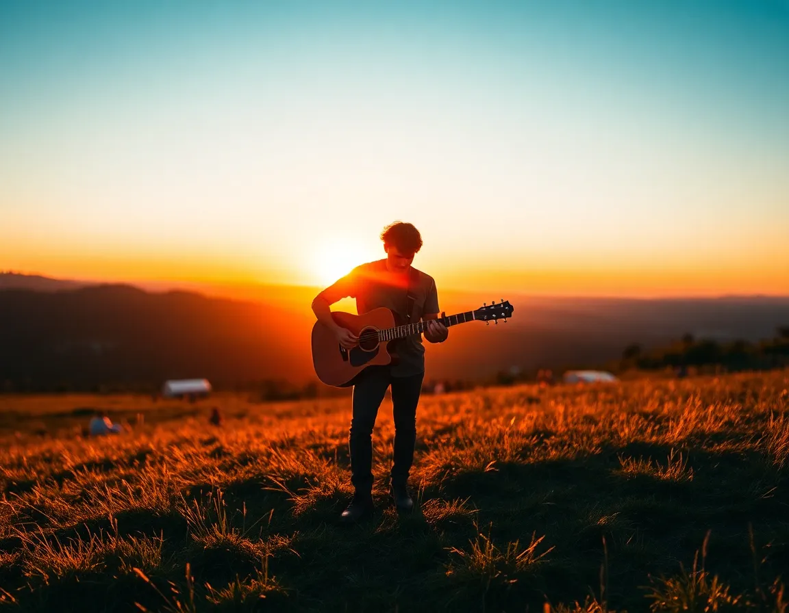 Musician at Sunset During Music Festival Experience the tranquil moment of a lone musician performing at a music festival, gently strumming an acoustic guitar on a hillside during sunset. The warm glow of the golden hour envelops the scene, creating an ethereal atmosphere. The musician is beautifully isolated against the vibrant sunset colors, inviting a sense of peace amidst the festival's energy. This composition captures the harmonious blend of nature, music, and celebration.