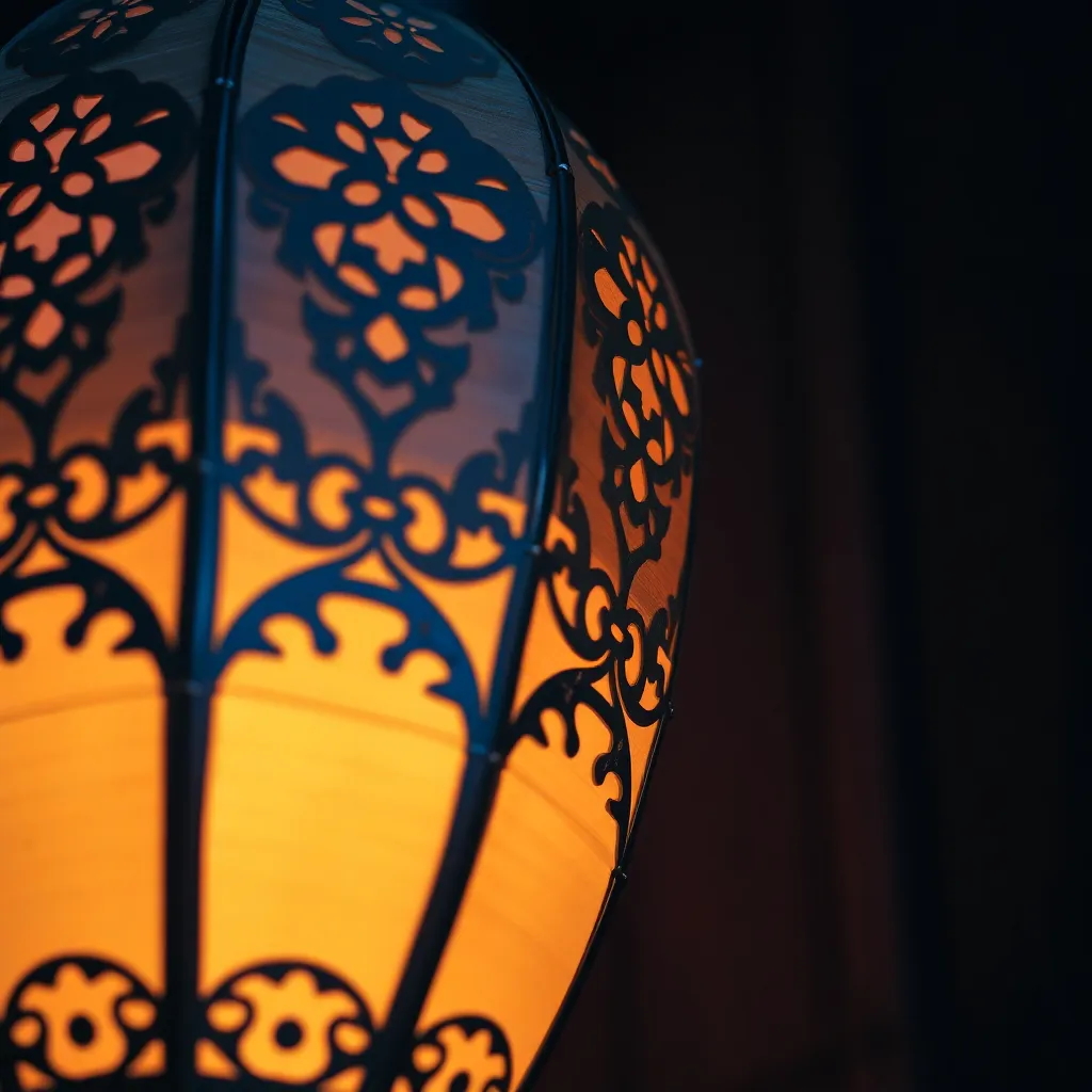 This enchanting close-up image captures a beautifully crafted handmade lantern during a night festival, radiating a warm glow within. The intricate craftsmanship is highlighted against a dark wooden background, showcasing textures from painted surfaces to delicate cutouts. A shallow depth of field draws focus to the lantern, while deep blues and soft golds set a magical night ambiance. The composition centers the lantern, allowing the surrounding darkness to accentuate its delicate beauty, inviting viewers into a serene, festive moment.