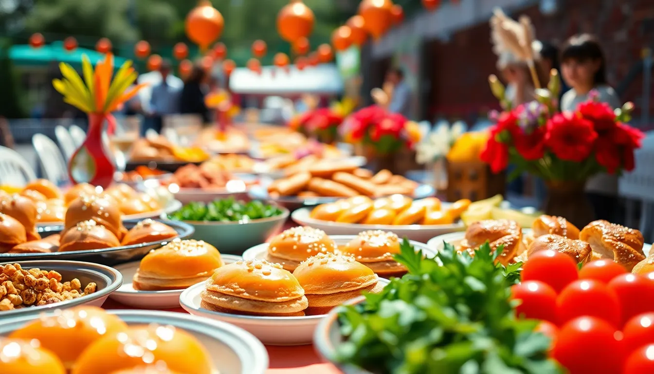 This inviting image features a beautifully arranged spread of festival foods, enticing viewers with vibrant colors and textures. The bright daylight enhances the appetizing appearance of the food, while the macro lens captures intricate details of dishes like pastries with glistening glazes and fresh herbs. The composition uses foreground elements to draw the eye into the scene, evoking a sense of celebration and community around shared meals.