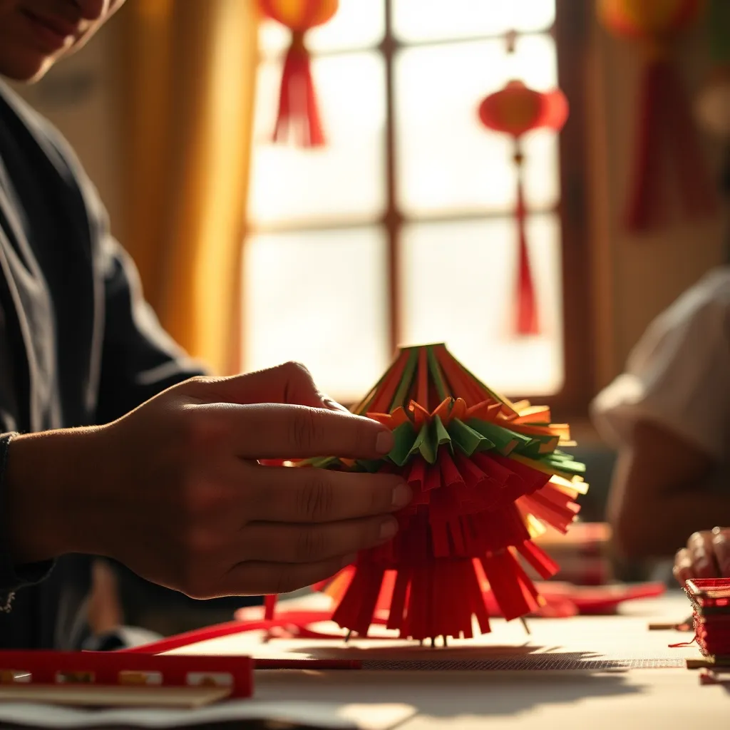 A close-up image captures the delicate craftsmanship behind festival decorations, showcasing hands skillfully layering colorful materials. Warm natural light streams in from a nearby window, emphasizing the subtle textures of paper and fabric. The shallow depth of field creates a soft background, allowing the rich details of the hands and decorations to stand out. This image reflects the artistry and dedication involved in celebration preparation.