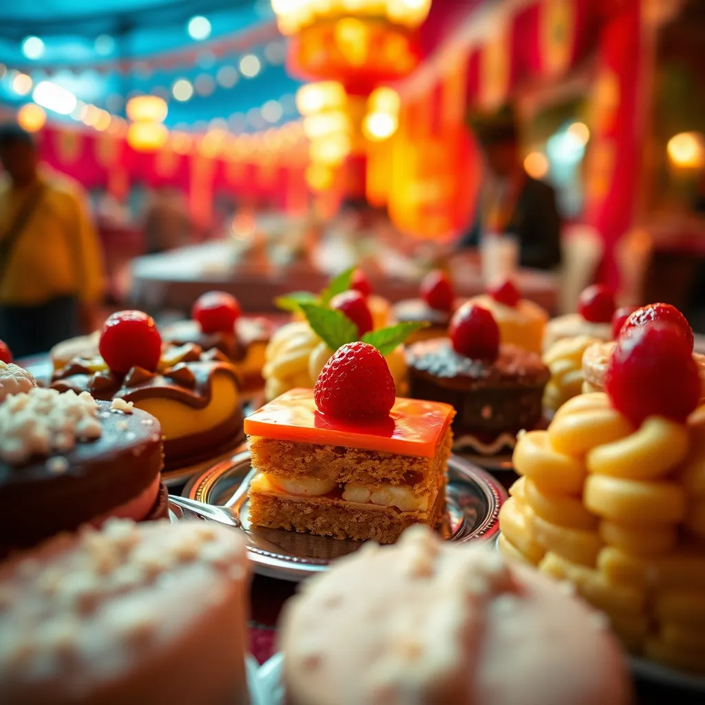 This mouthwatering close-up image captures a beautifully arranged traditional dessert table at a cultural festival. Warm tungsten lighting enhances the rich textures and colors of freshly made desserts, inviting viewers to indulge in their sweetness. Hyperfocal sharpness showcases intricate details, while the vibrant hues made captivating by Fujifilm Velvia-inspired colors make each dessert stand out beautifully. The circular arrangement, embellished with fresh fruit garnishes, creates an enticing focal point.