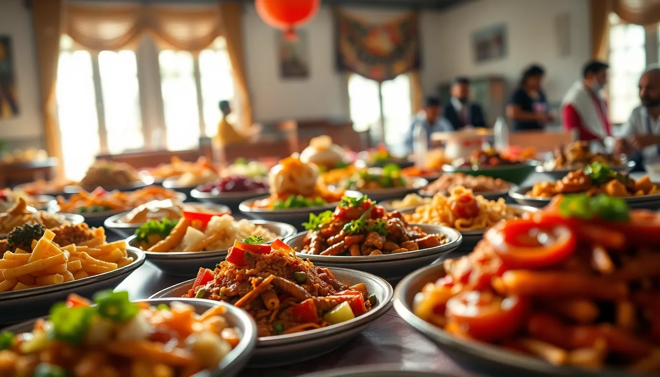 Indulge in the culinary splendor captured at a cultural food festival, showcasing a beautifully arranged table of traditional dishes. Natural daylight enhances the vibrant colors and intricate details of each dish, making the food visually inviting. Shallow depth of field brings textures to life, allowing the viewer to appreciate the art of presentation. Rich reds, greens, and yellows harmonize the composition, inviting food lovers to experience the joy of global cuisine.