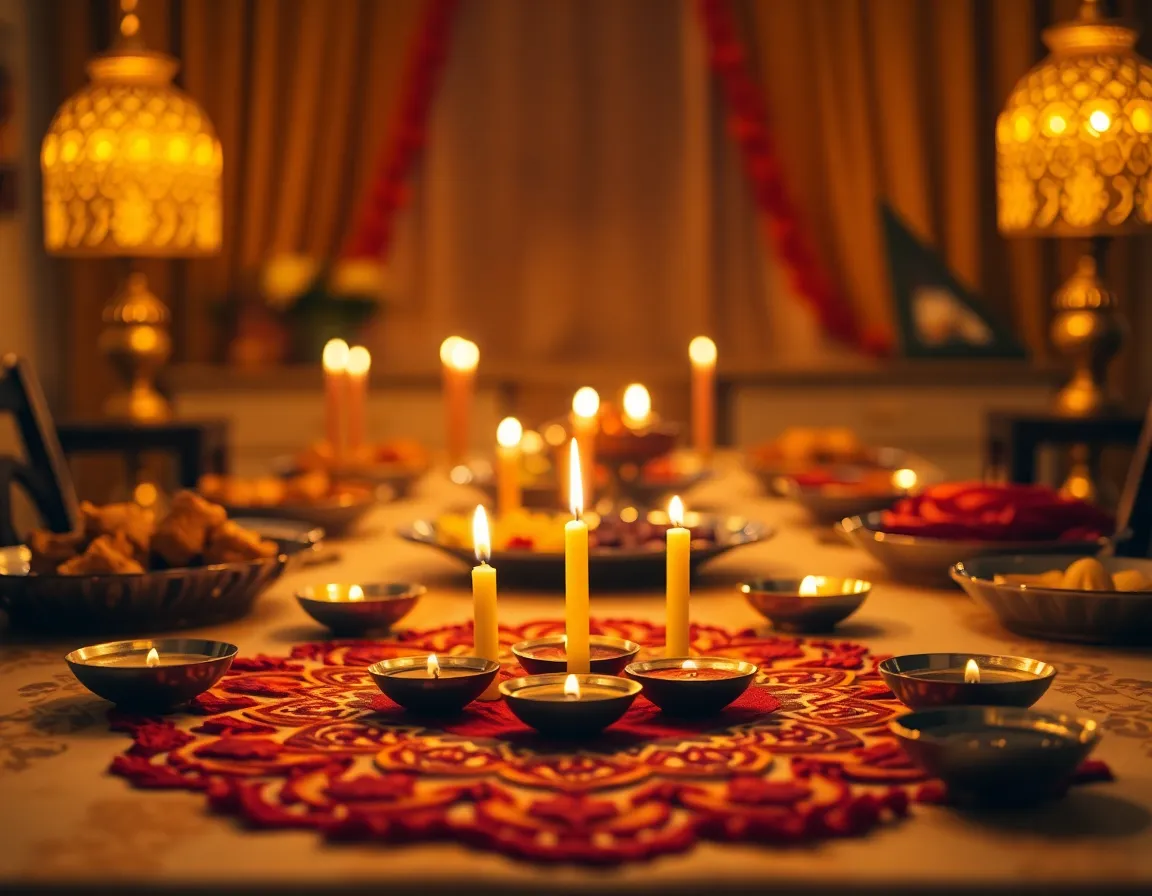This intricate image captures a beautifully arranged table setting for Diwali, adorned with decorative lamps and colorful rangoli patterns. Warm tungsten lighting creates a soft glow that enhances the rich colors of golds, oranges, and reds. The delicate details of candles and festive dishes draw the viewer's attention, while the blurred background adds depth to the composition. This image evokes the warmth and joy of celebration, inviting viewers to partake in the festive spirit.