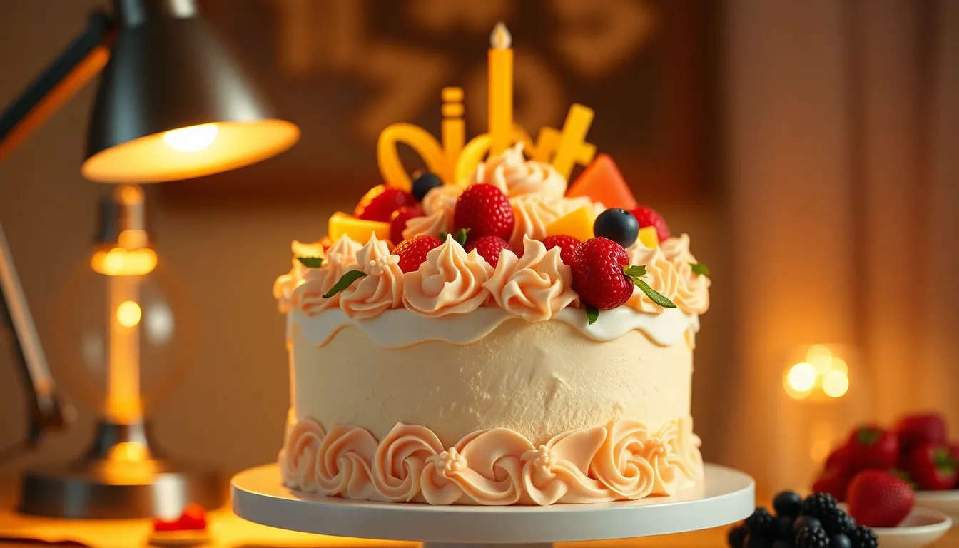 An exquisite festival cake shines under the warm glow of a desk lamp, showcasing its intricate design and pastel frosting. The shallow depth of field isolates the cake, inviting viewers to appreciate the carefully crafted details. The warm Kodak Portra 400 color palette enhances the inviting atmosphere, making this cake a centerpiece of celebration. The symmetrical composition emphasizes the cake's artistry, while the textures of frosting and decorative fruits add an enticing element to the image.