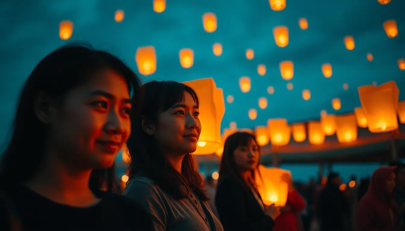 This captivating image beautifully captures a serene scene from a festival where luminous lanterns float into the night sky. The warm firelight creates a magical ambiance, casting flickering shadows on the peaceful faces of participants, evoking a sense of tranquility and wonder. Using hyperfocal distance, every detail remains sharp, allowing viewers to immerse themselves in the enchanting atmosphere. The cinematic teal and orange grading enhances the dreamlike quality, while the rule of thirds composition guides the eye toward the horizon, filled with glowing lanterns.