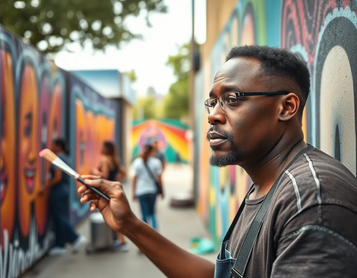 This captivating image features an artist deeply engaged in painting vibrant murals during an urban art festival. Natural diffused daylight beautifully illuminates the scene, showcasing the details of the artist’s focused expression and brushwork. The natural muted tones are complemented by the pops of color from the murals, creating an inviting and creative atmosphere. The composition emphasizes the artist’s passionate involvement in the celebration of creativity and expression.