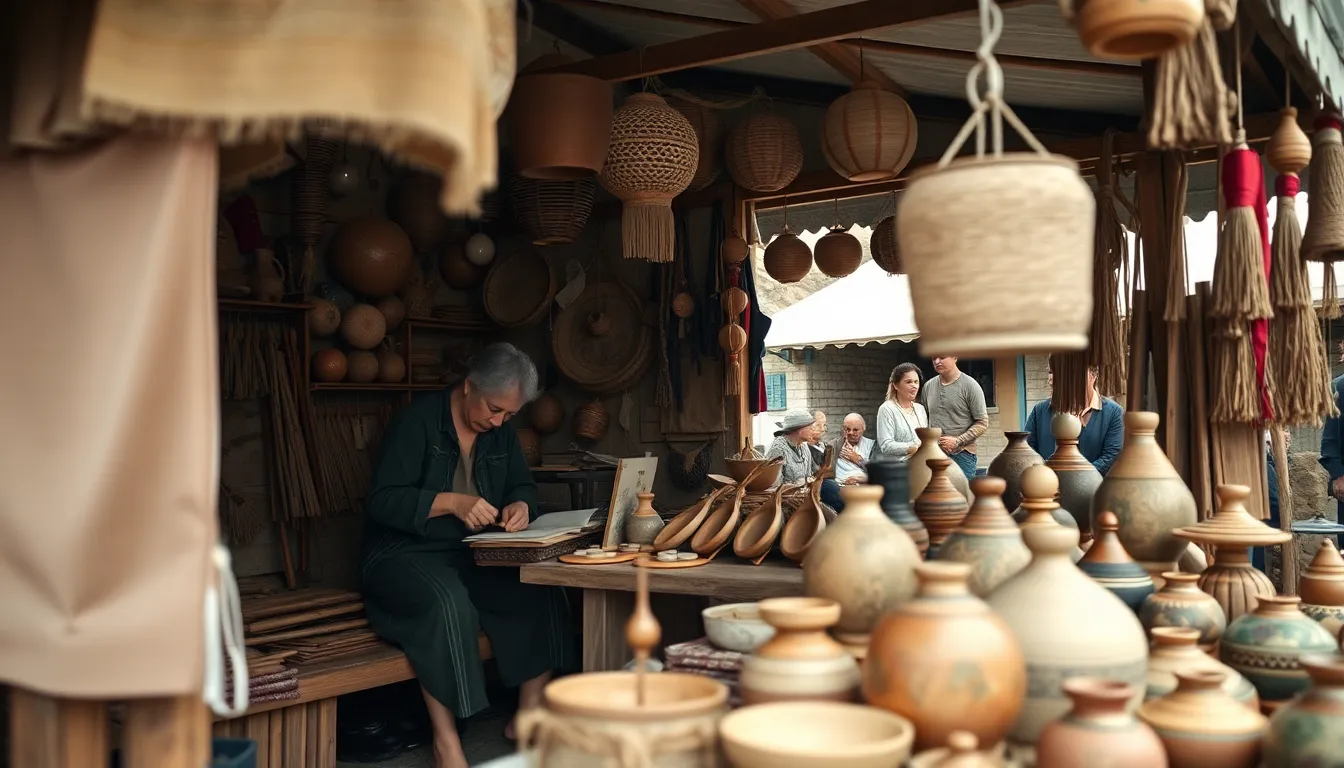 This image captures an artisan at work during a cultural festival, surrounded by beautifully crafted handmade items. The soft overcast lighting enhances the natural colors of the materials, while the sharp focus reveals the intricate details of each piece. The artisan's dedication is apparent, drawing the viewer into the scene, where the textures of wood, fabric, and ceramic tell a rich story of craftsmanship. The thoughtful composition invites exploration of the booth and its offerings.