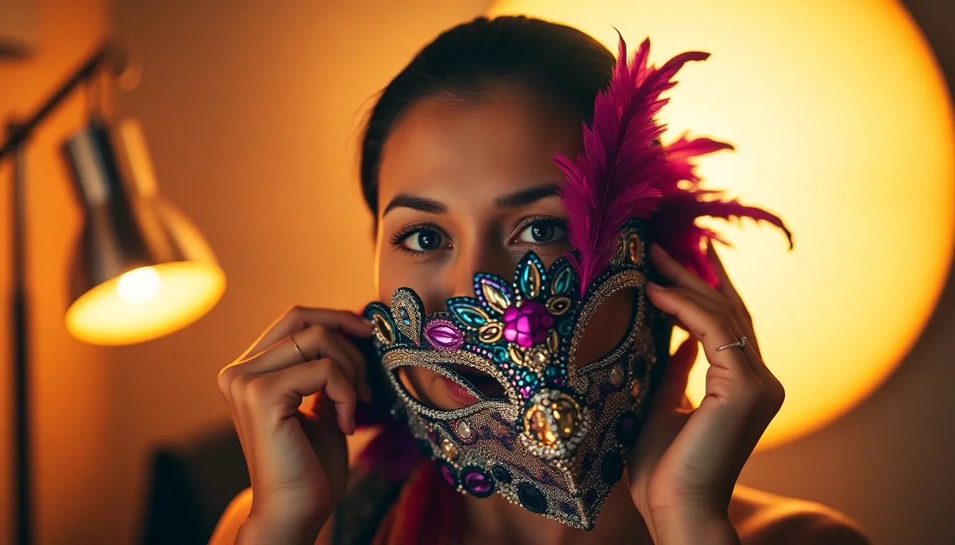 An artisan puts the finishing touches on a vibrant, intricate mask for an upcoming festival, illuminated by the warm glow of a tungsten desk lamp. The soft light highlights the exquisite textures of feathers and sequins, creating a captivating play of light and shadow. The artisan's focused expression and the delicate details of the mask embody the spirit of craftsmanship and celebration.