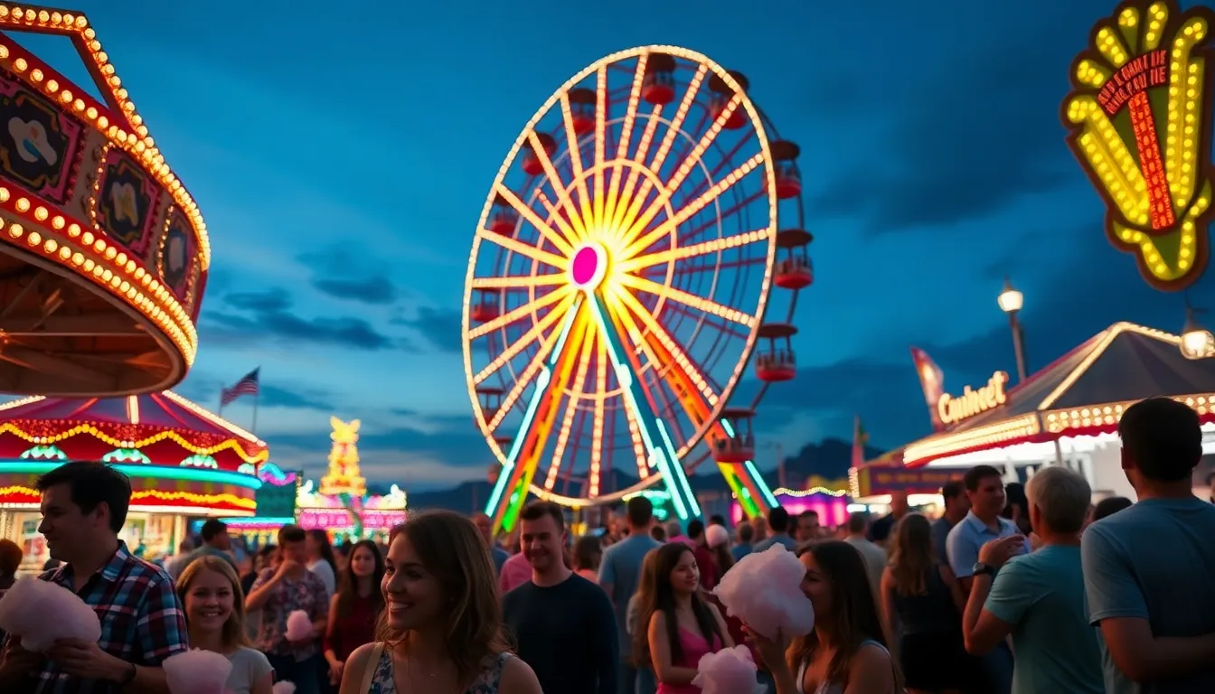 This enchanting image captures the lively atmosphere of a carnival at twilight, featuring a beautifully illuminated Ferris wheel. Families and children delight in the festive ambiance, surrounded by the vibrant colors of carnival lights. The shallow depth of field enhances the dreamy quality, while the deep blue sky contrasts with the bright hues of the scene. A centered composition highlights the Ferris wheel's beauty, making this image perfect for depicting joyful moments at fairs and festivals.