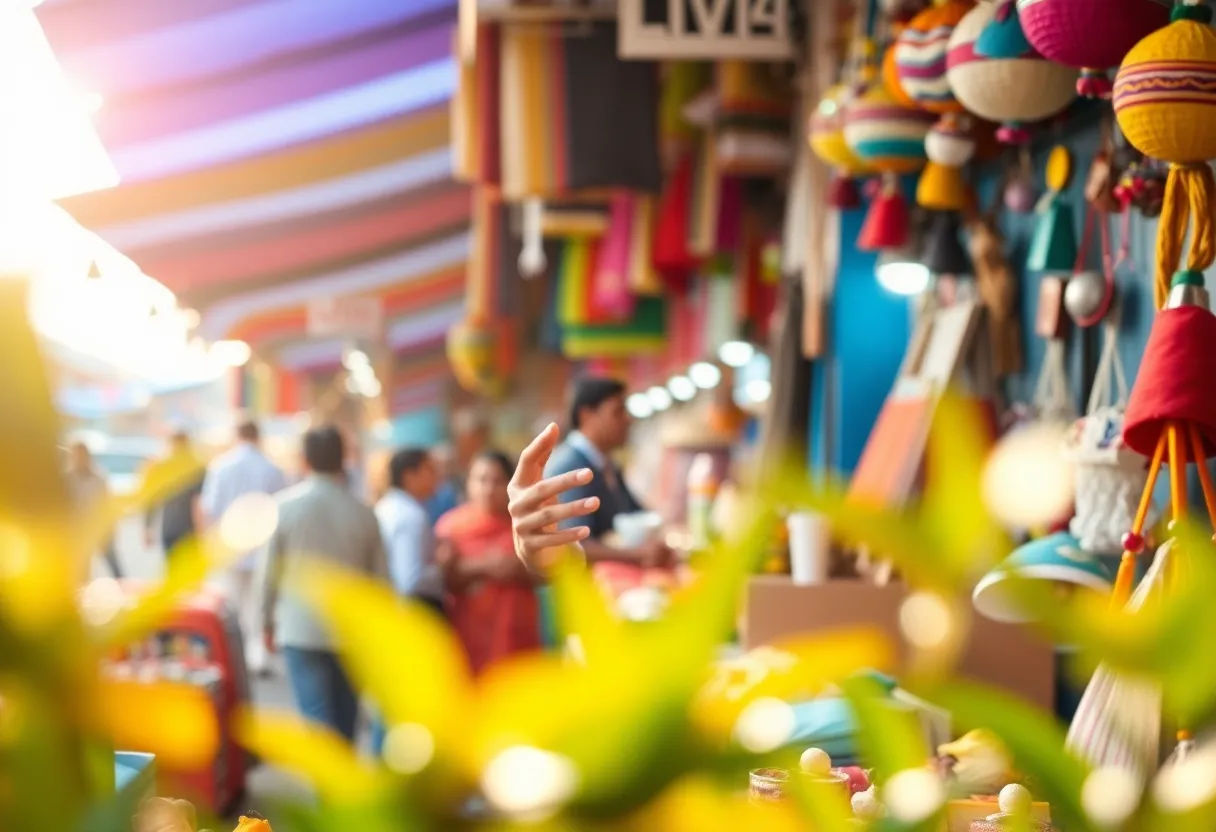 This lively image captures a bustling street market scene during a cultural festival, filled with colorful stalls showcasing artisan goods and handcrafted items. Morning light gently illuminates the scene, creating an inviting atmosphere enriched by warm, saturated colors. A shallow depth of field draws focus to a vendor's hands as they display their crafts, with the lively background dissolving into vibrant colors. The composition uses foreground elements to guide the viewer's eye, immersing them in the festive experience and showcasing the vibrancy of the market.