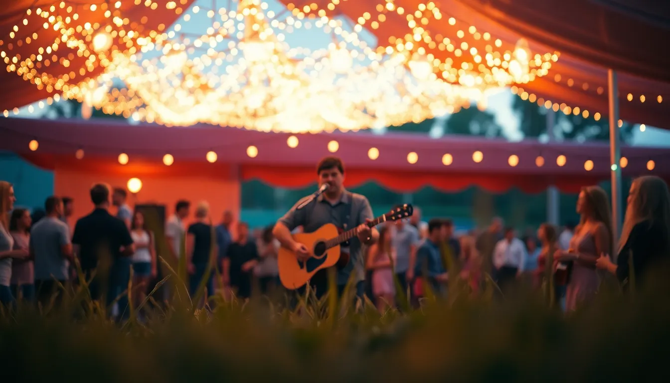 This captivating image portrays an intimate performance at a small outdoor music festival, illuminated by twinkling fairy lights against a warm sunset backdrop. The musician, lost in the melody of their acoustic guitar, is surrounded by a gently swaying audience that blends softly into the background. Shallow depth of field creates a dreamy atmosphere, while the warm color palette of oranges and purples enhances the cozy, inviting mood. Soft textures of fabric and grass further enrich the scene, making it a moment worth cherishing.