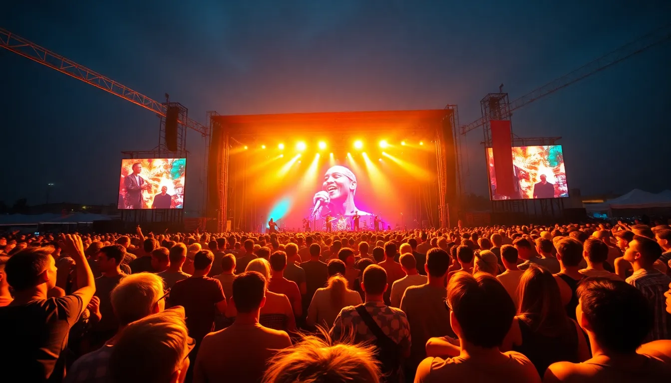 Capture the exhilarating ambiance of a music festival through this wide-angle shot. Spectacular performances are showcased on stage, bathed in golden hour light that energizes the scene. The use of hyperfocal distance ensures every detail, from excited faces to the vibrant stage, is captured with clarity. The cinematic teal and orange grading creates a striking visual, reflecting the joy and energy of live music.