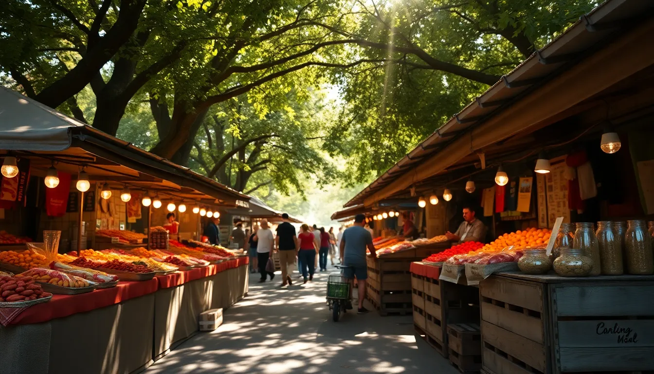 A bustling food market scene at a cultural festival unfolds beneath a leafy tree canopy, with dappled sunlight creating playful highlights. The wooden crates and burlap tablecloths enhance the rustic charm of the setting, while vibrant food selections attract festival-goers. The sharpness of the foreground combined with the soft background evokes a lively, immersive atmosphere perfect for food lovers.