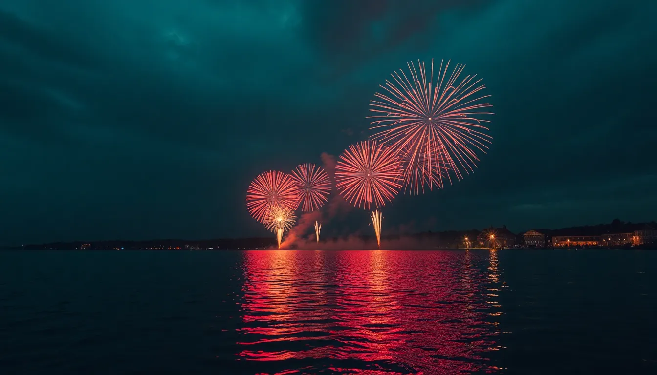 This stunning image captures a dramatic fireworks display reflected in a serene lake during a summer festival night. Bright bursts of color explode against the backdrop of an overcast dark sky, creating a breathtaking visual spectacle. The hyperfocal depth provides sharp details throughout the scene, while the shimmering water reflects the vibrant colors of the fireworks. The cinematic grading adds to the overall ambiance, making it a perfect representation of celebration and community.