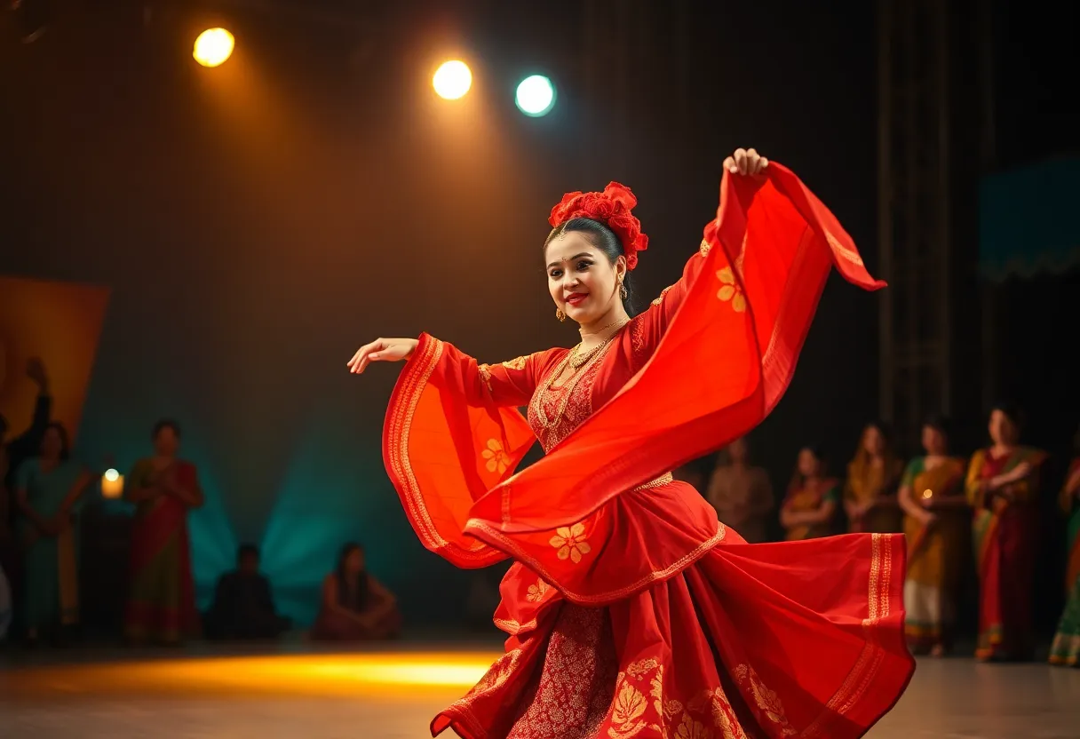 This captivating image presents a close-up of a traditional dance performance, showcasing the intricate details of the dancer's vibrant costume. Warm spotlighting contrasts beautifully with the soft shadows of the stage, highlighting the fluidity of motion in their swirling fabric. The cinematic color grading enhances the visual impact, while the blurred background focuses attention on the performer’s emotion and artistry. Ideal for conveying cultural events and performances.