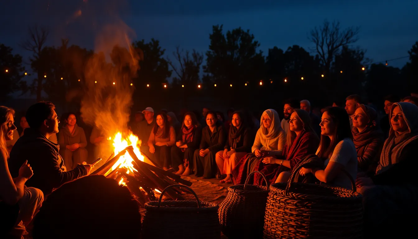 Community Gathering Around a Festival Fire This enchanting twilight scene depicts a community gathering around a warm fire during the festival. The flickering firelight brings life to the joyful faces of attendees, highlighting the rich textures of handmade blankets and woven baskets. A telephoto perspective allows for sharp details throughout the image, while muted earthy tones envelop the scene in warmth. Leading lines from the arrangement of people guide the viewer’s eye to the heart of the celebration.