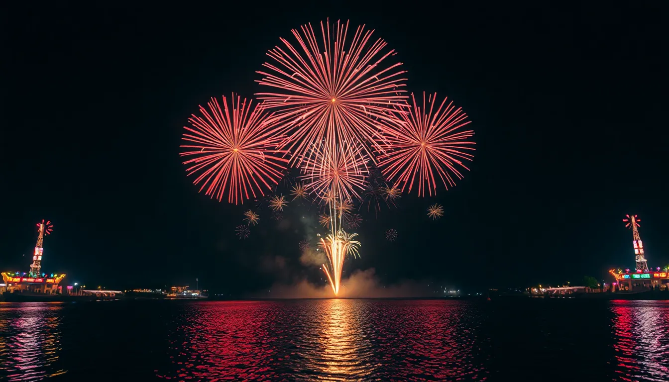 A stunning fireworks show lights up the night sky, filling the air with bursts of color and excitement during a summer festival. Each firework explodes in brilliant hues of red, blue, and gold, with reflections dancing on the water below. The sharp focus captures the dynamic energy of the scene while maintaining clarity across the frame. This breathtaking visual embodies the thrill of festival nights and the beauty of celebration under the stars.