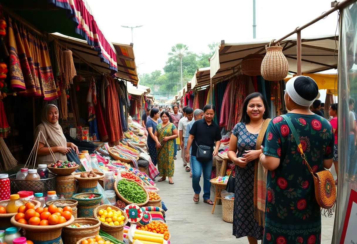 Vibrant Craft Market at Cultural Festival Explore the vibrant atmosphere of a craft market during a cultural festival, filled with unique handmade goods and smiling artisans. The even light from an overcast sky enhances the richness of earth tones and colorful crafts. The composition captures the lively interactions between shoppers and creators, with clear details across the frame. This scene embodies the spirit of community and creativity, inviting viewers into the heart of the festival.