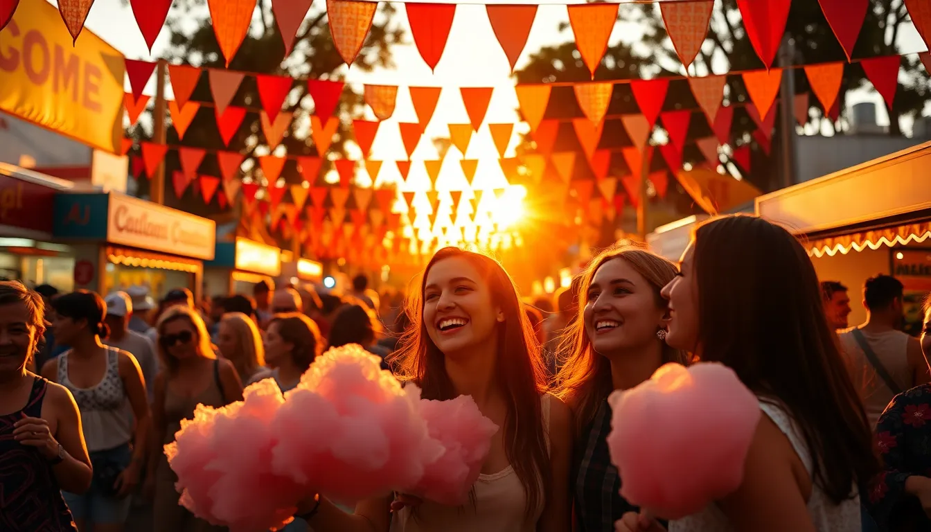 A lively festival scene captured during golden hour, showcasing a group of friends enjoying the festivities amidst vibrant decorations. The warm light casts playful shadows, enhancing the ambiance of joy and celebration. The focus on their laughter and colorful festival attire brings the image to life, with a delightful blend of textures from cotton candy to fabric pennants. The overall composition emphasizes the dynamic energy of the gathering, making it inviting and cheerful.