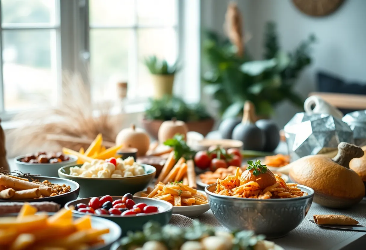 Celebrate the abundance of a harvest festival with this stunning display of beautifully arranged festive foods. Natural daylight illuminates the table, enhancing the textures of seasonal dishes adorned with vibrant garnishes. The earthy color palette reflects the organic nature of the festival, while a soft background bokeh draws focus to the details. This image perfectly captures the essence of celebration and gratitude.