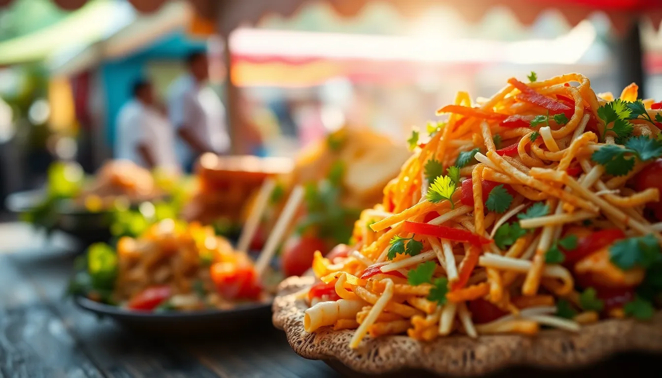 A vibrant platter of traditional festival street foods showcases the essence of culinary celebration. Each dish is meticulously arranged, bursting with colors and textures, and illuminated by soft daylight. The shallow depth of field beautifully isolates the food, bringing attention to the rich reds, greens, and yellows. This composition, framed with vibrant garnishes against a rustic wooden table, evokes a sense of joy and indulgence in the festival's culinary delights.