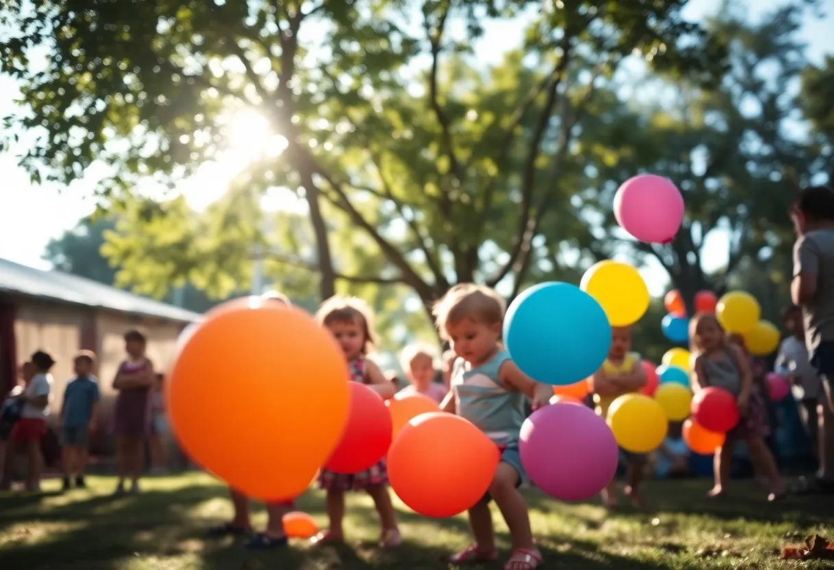 Experience the joy of childhood captured during a local festival, where children play exuberantly with colorful balloons. Soft afternoon light filters through the leaves, creating a magical atmosphere filled with dappled sunlight. The vivid colors of the balloons pop against the natural backdrop, while a dreamy depth of field emphasizes the children’s expressions of joy. This intimate moment reflects the carefree spirit of festival celebrations.