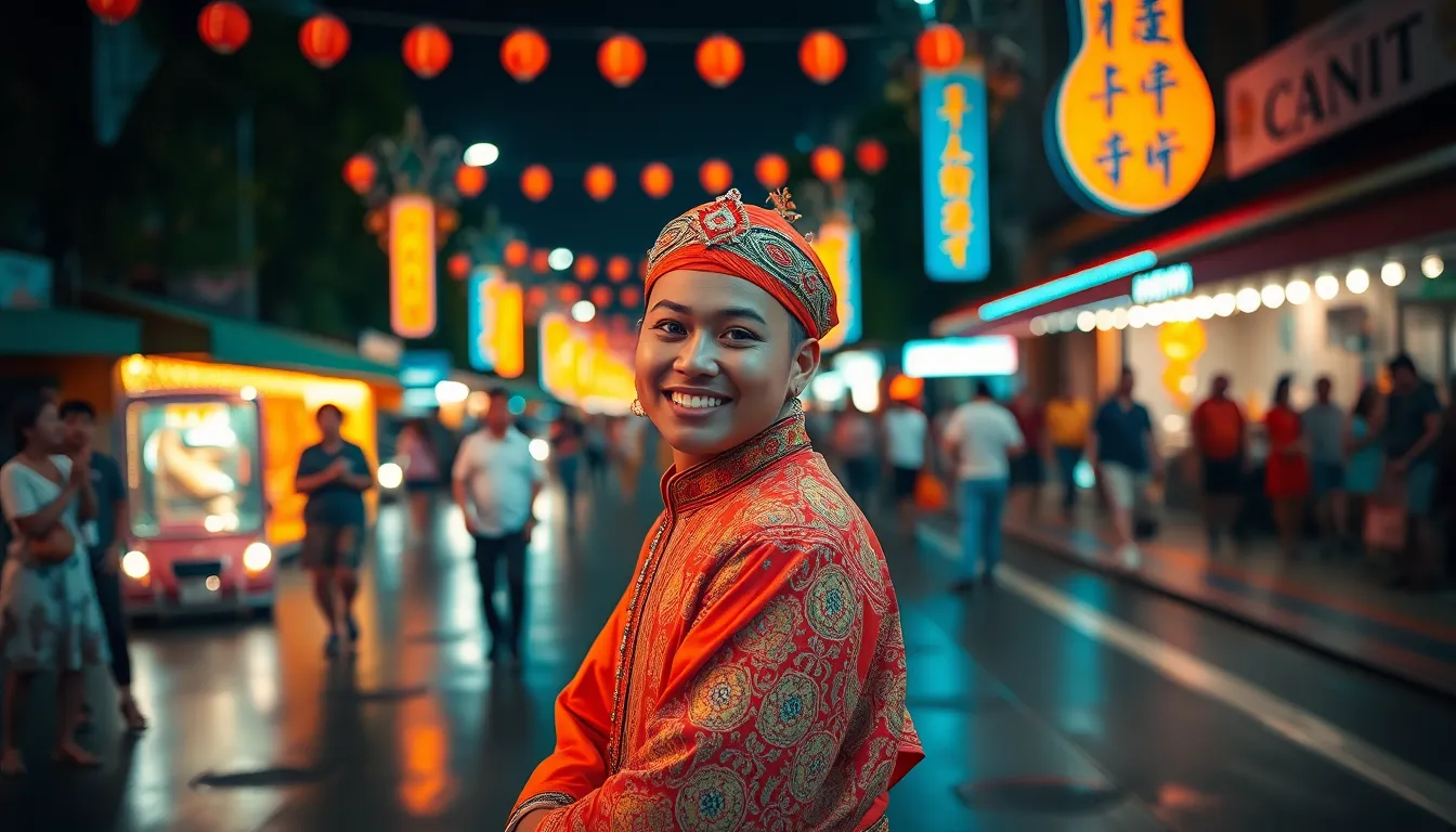 A vibrant street festival unfolds at night, illuminated by dazzling neon lights reflecting off the wet pavement. The image focuses on a smiling performer in traditional attire, showcasing the rich textures of their costume and natural skin details. The cinematic teal and orange grading accentuates the lively atmosphere, drawing viewers into the scene. Leading lines from the street guide the eye to the performer, capturing the essence of celebration and community.