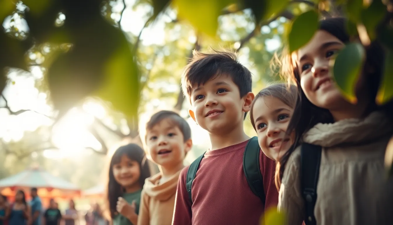 A heartwarming scene of a family enjoying an outdoor festival, surrounded by the beauty of nature. Dappled sunlight filters through the trees, creating a magical atmosphere that enhances their joyful expressions. The selective focus captures the children's eyes, filled with wonder, while the soft bokeh background adds depth to the image. Natural muted tones and textures in their clothing harmonize with the surroundings, encapsulating the spirit of togetherness and celebration amidst nature.