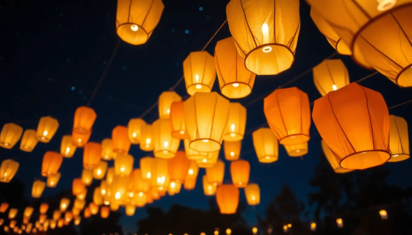 Experience the enchantment of a nighttime lantern festival with this captivating image featuring delicate paper lanterns illuminating the starry sky. Each lantern glows warmly against the cool blues of the evening backdrop, creating a magical atmosphere. The sharp focus from foreground to background brings out intricate details of the lanterns, while the cascading composition draws the viewer's eye upward through the scene. This moment encapsulates the beauty and serenity of a festival celebrating light and togetherness.