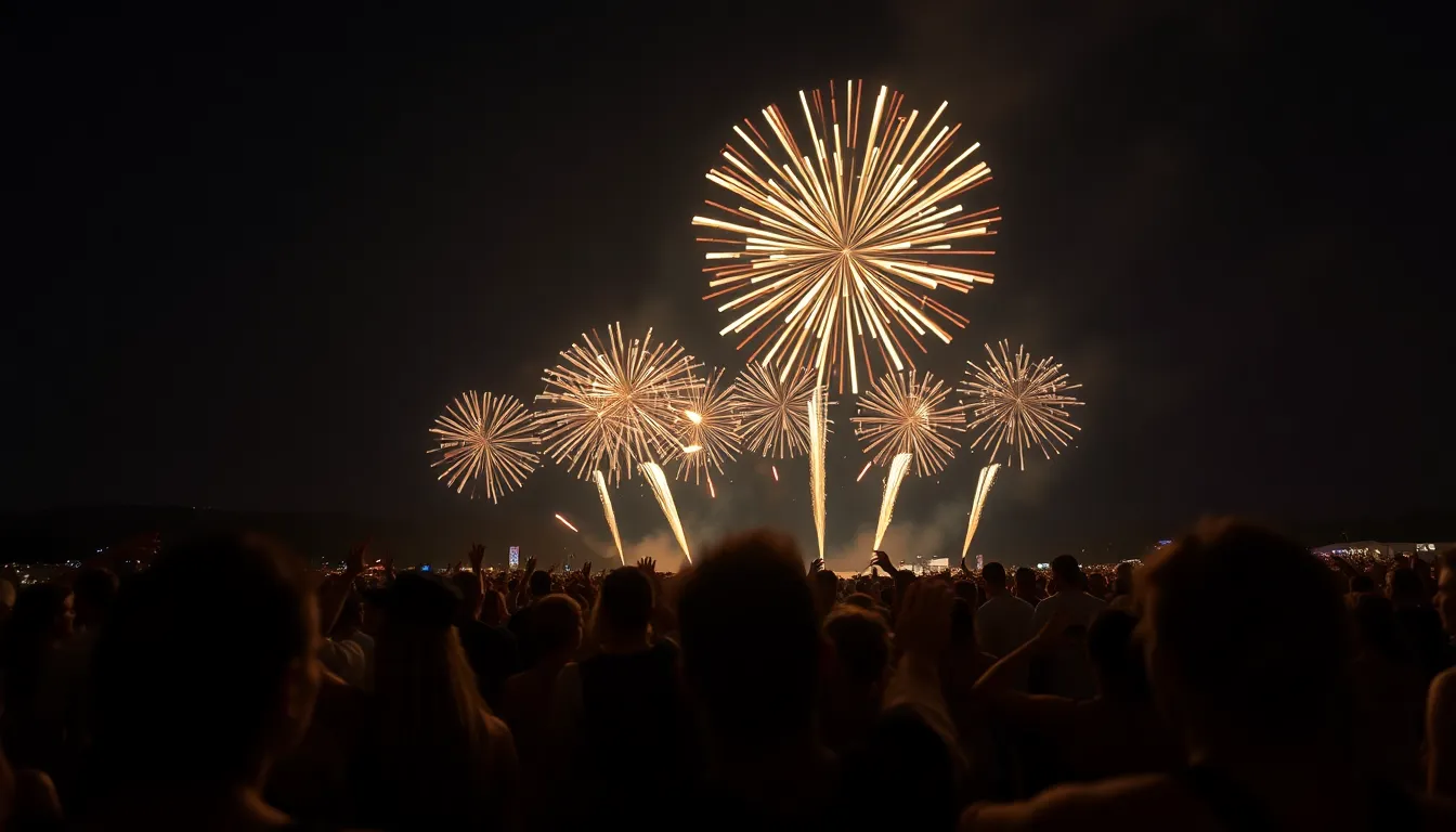 This stunning image captures a spectacular fireworks display at a night festival, with bright colors exploding against a dark sky. Spectators, silhouetted in the foreground, revel in the vibrant spectacle above them. The long exposure technique creates trails of light that add a dynamic element to the scene. The composition is balanced and symmetrical, enhancing the feeling of celebration and awe in the atmosphere.