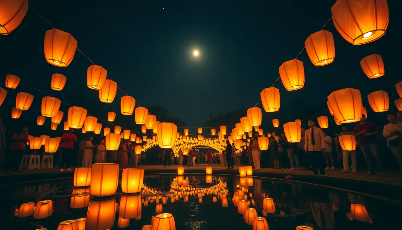 Experience the tranquil beauty of a lantern festival under a starlit sky. Participants, their faces aglow in the gentle moonlight, release glowing lanterns that reflect off a peaceful pond. The warm skin tones captured using a Kodak Portra 400 color palette enhance the serene atmosphere, with a symmetrical composition that draws the eye through the scene. This image embodies the spirit of hope and togetherness.
