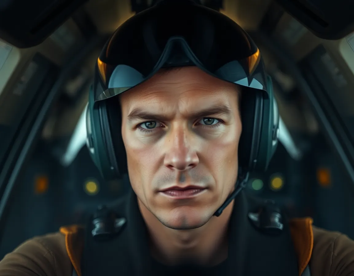 This intimate close-up view of a fighter jet cockpit showcases the pilot preparing for takeoff. Soft lighting illuminates the intricate controls, while the pilot's determined expression is highlighted in sharp focus. The muted tones and reflections create a mood of anticipation, encapsulating the moment before the aircraft ascends into the skies.