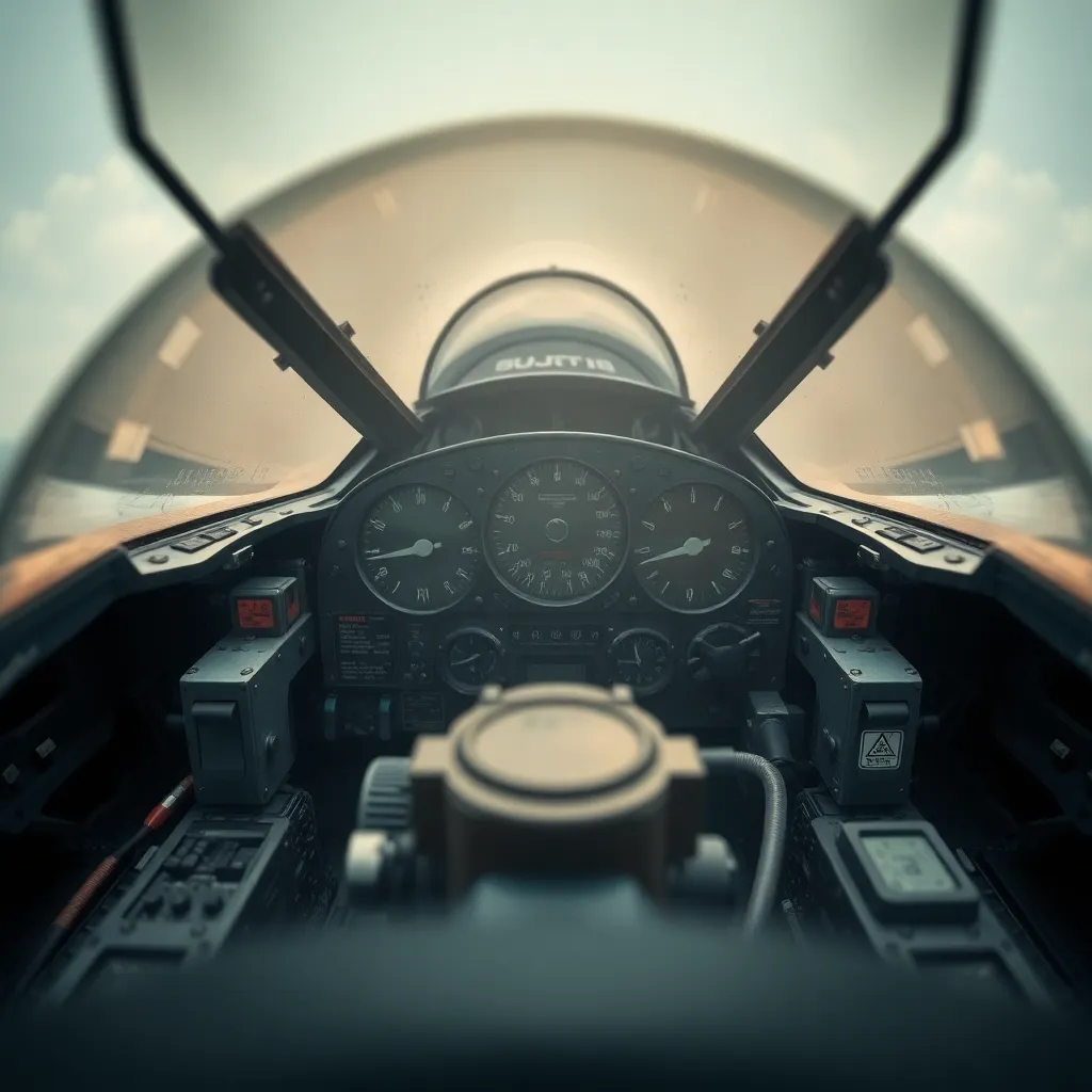 This detailed close-up shot showcases the intricate controls and instrumentation of a fighter jet's cockpit. With soft, diffused lighting accentuating the textures of the materials, the image draws attention to the complex array of dials and buttons essential for flight operations. The shallow depth of field creates a striking contrast between the sharp focus on the controls and the soft blur surrounding them, enhancing the technical beauty of aviation design. This photograph highlights the intersection of technology and engineering in military aviation.