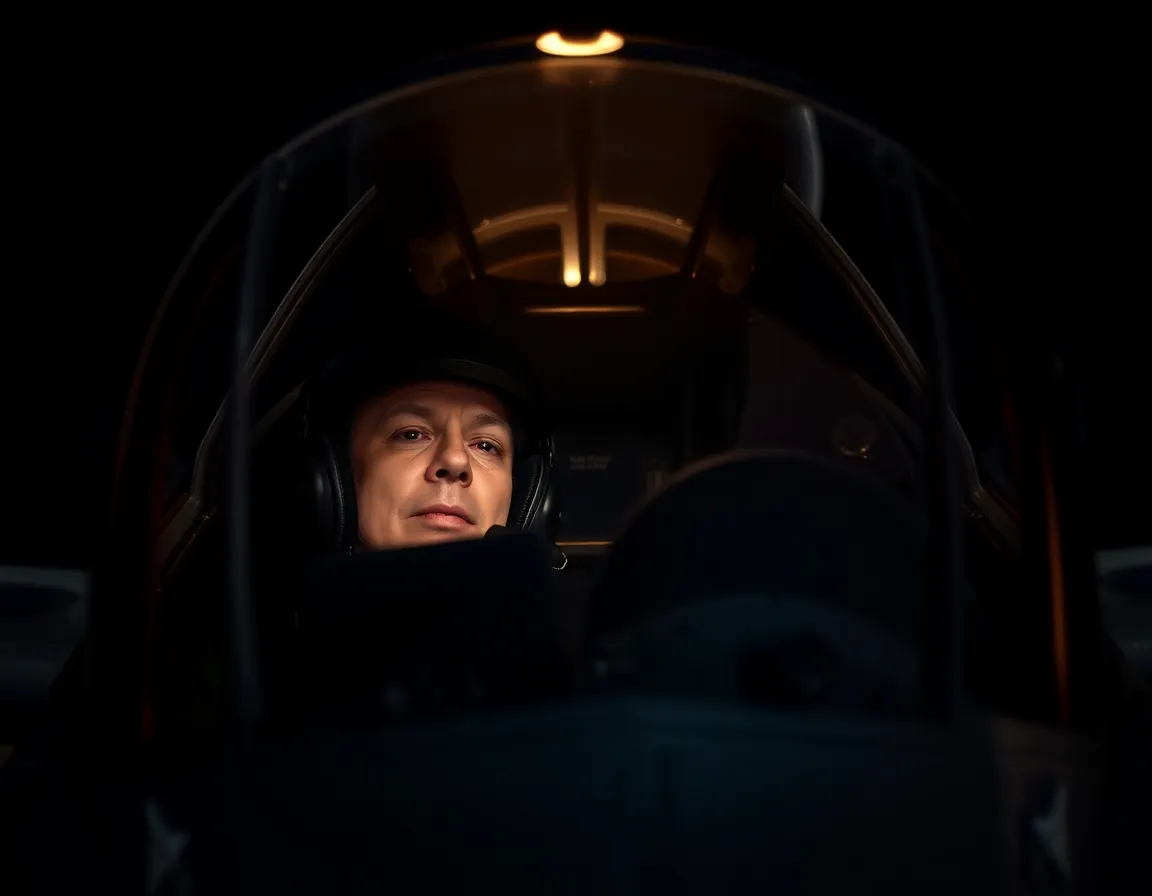 This intimate close-up reveals the intricate details of a fighter jet's cockpit, filled with advanced instrumentation and controls. Chiaroscuro lighting dramatically highlights the textures and materials within the cockpit, creating a powerful visual effect. The pilot's focused expression is reflected in the visor, adding a human element to the high-tech environment. This image captures the essence of military aviation, emphasizing both the technology and human readiness.
