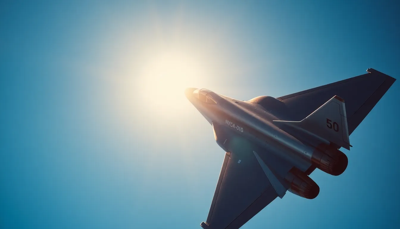 A powerful fighter jet cuts through the bright blue sky, captured in stunning detail. The midday sun highlights its sleek design while creating dynamic shadows. This image symbolizes speed and freedom, with sharp focus extending from the aircraft to the horizon. The contrasting colors of the jet against the sky enhance its striking presence, making it a perfect representation of military aviation.
