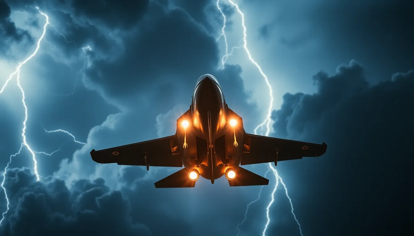 Fighter Jet in Combat with Stormy Skies This intense photograph captures a fighter jet in the midst of a combat scenario, firing flares against a dark and stormy sky. The dramatic lightning illuminates the jet and the turbulent clouds, creating a sense of urgency and danger. The sharp focus on the aircraft paired with a shallow depth of field highlights its power, while deep blues and stark whites enhance the thrilling atmosphere.