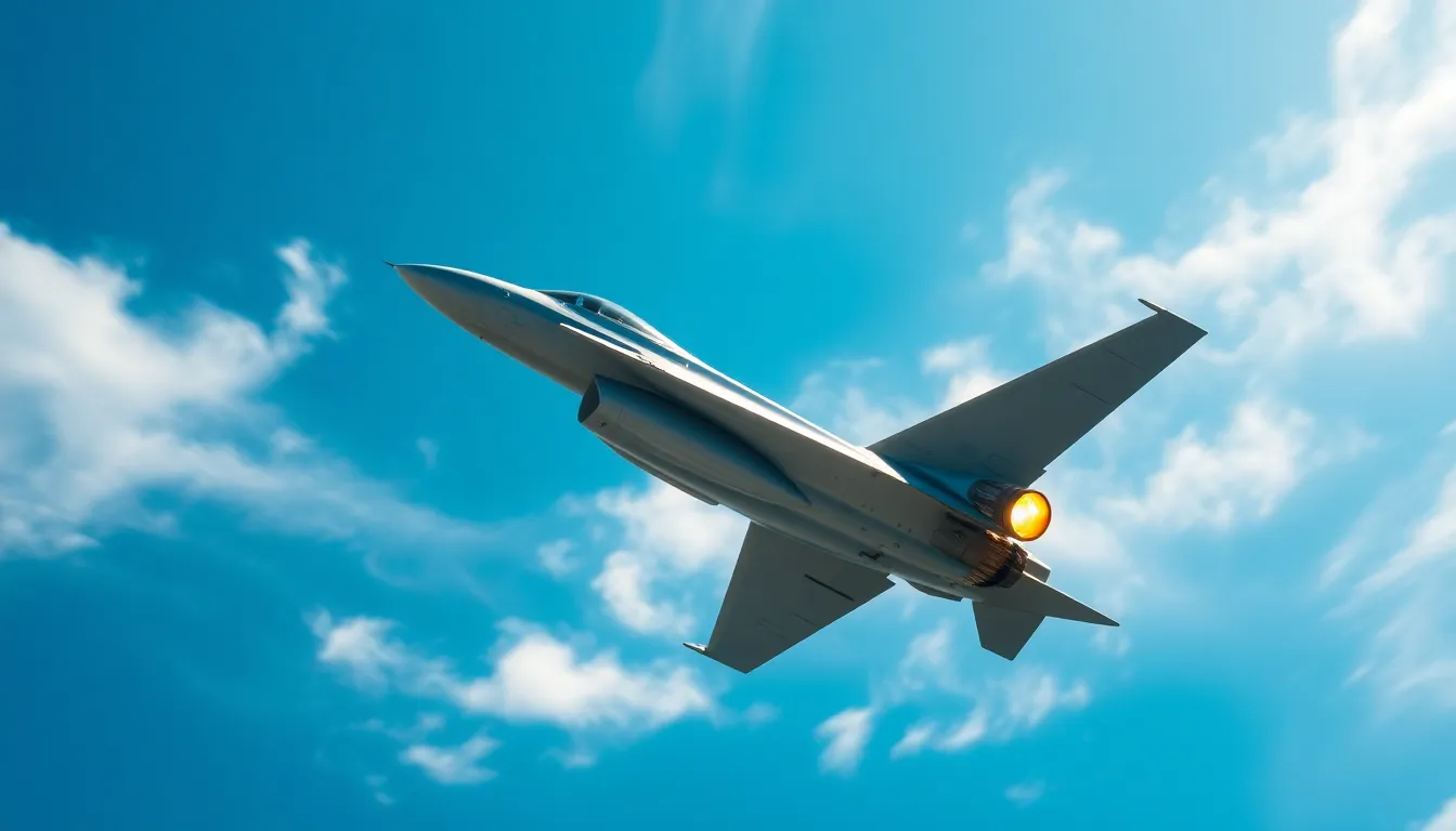 This breathtaking image captures a fighter jet in full flight, propelled by its afterburners against a stunning blue sky. The contrast of the metallic body gleaming in the sunlight with soft, fluffy clouds creates a striking visual impact. The composition emphasizes movement and power, making it a perfect representation of military aviation excellence. The shallow depth of field enhances the jet’s details while blurring the background sky.