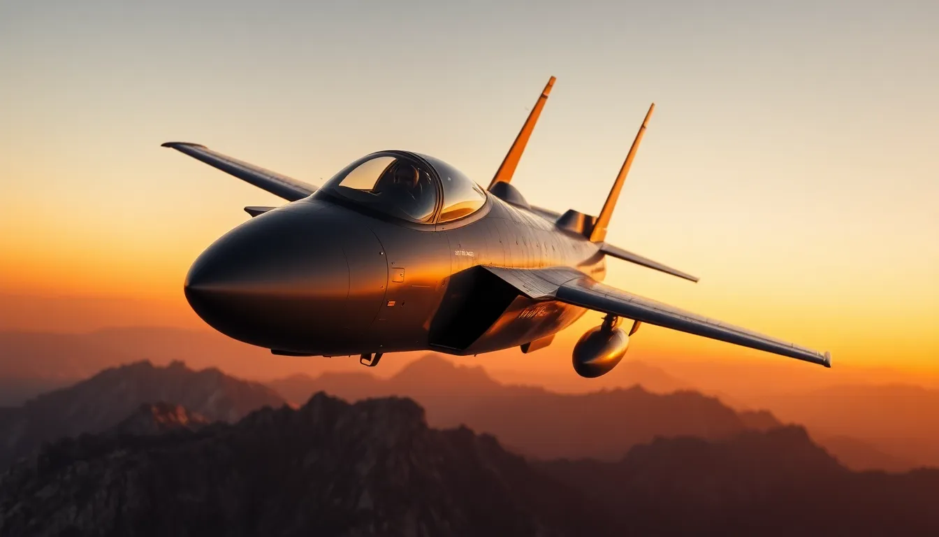 This breathtaking image captures a fighter jet soaring above majestic mountains during a vibrant sunset. The warm golden hour light adds depth and texture to the aircraft, silhouetting it against the cool, shadowy landscape. The composition effectively guides the viewer's gaze along the mountain ridges, enhancing the theme of adventure and exploration. The soft pastel colors of the sky evoke a sense of peace despite the powerful presence of the jet.