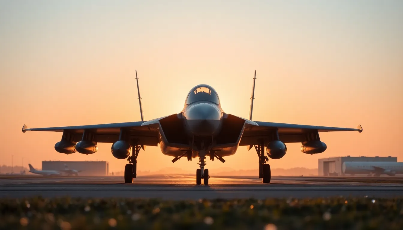 Fighter Jet on Runway at Dawn