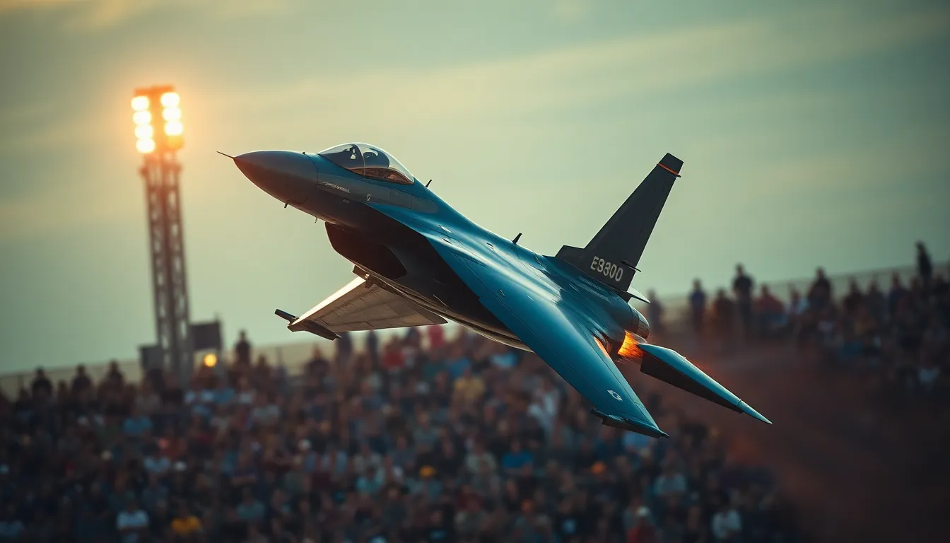 Fighter Jet in Airshow Maneuver This exhilarating photograph captures a fighter jet executing a high-speed maneuver during an airshow, with bright lights illuminating its sleek form. The aircraft's polished surfaces glint in a mix of stage lights and natural sunlight, while the cheering crowd is blurred in the foreground, emphasizing the jet's speed and agility. Cinematic teal and orange tones create a vibrant atmosphere, making the image truly striking.