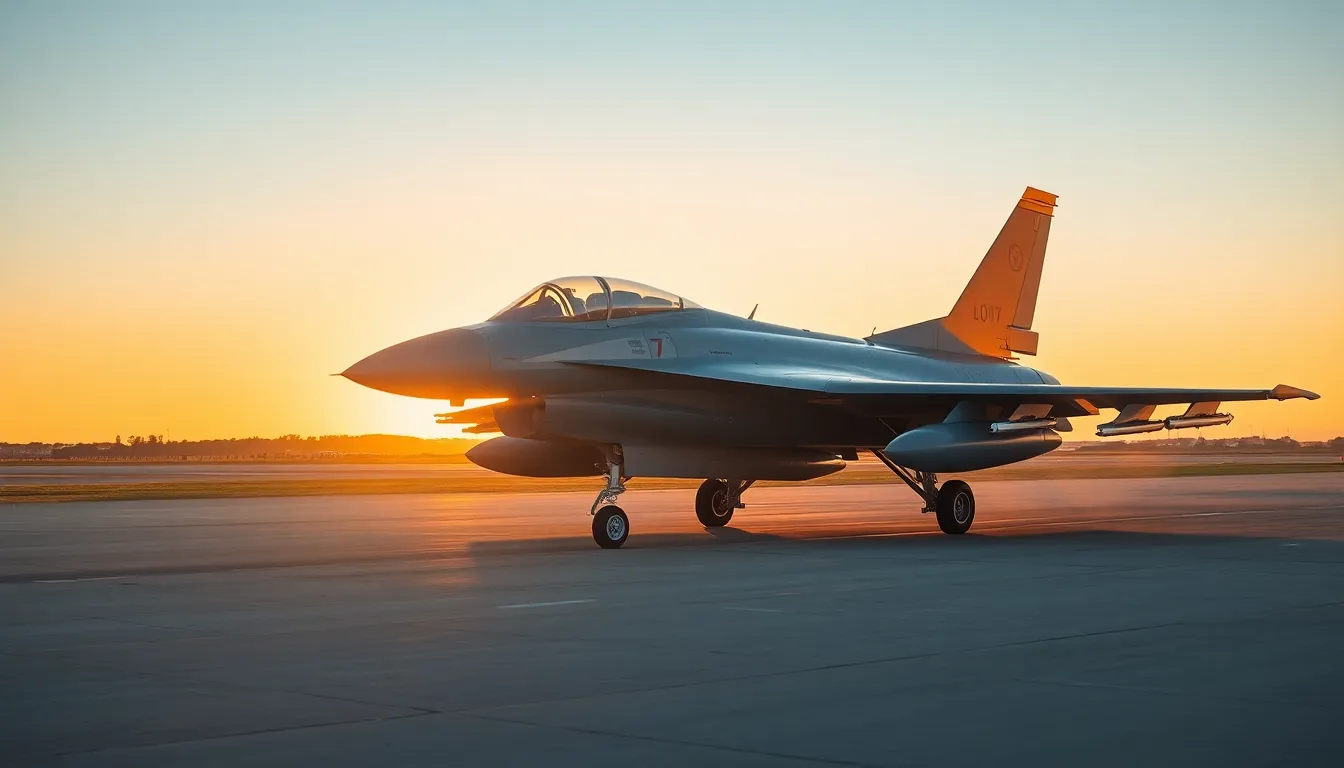 An impressive fighter jet is captured taxiing on a military runway during golden hour. The warm light accentuates the aircraft's detailed textures and vibrant markings, creating a stunning contrast against the cool blues of the sky. The composition effectively highlights the jet's powerful form, set against a softly blurred background of the airfield.