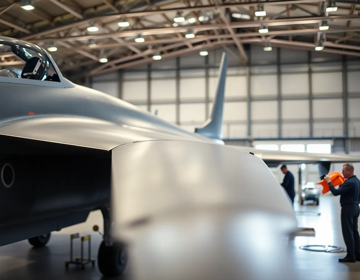 This engaging image depicts a fighter jet in the midst of a maintenance session within a spacious hangar. Mechanics diligently inspect the jet's wing, showcasing the teamwork and attention to detail required in military aviation. Soft, diffused lighting creates a warm atmosphere, while the selective focus highlights the intricacies of the maintenance work. The neutral color palette emphasizes the technical nature of the environment, making this photograph a testament to the dedication behind military aircraft readiness.