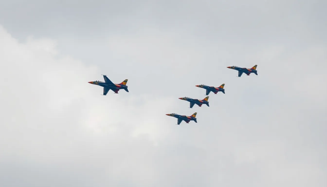 This thrilling image captures a squadron of fighter jets flying in perfect formation during an air show. The overcast daylight illuminates the aircraft evenly, highlighting their sleek designs as they cut through a soft cloud backdrop. The composition strategically places the lead jet at an angle, adding dynamism to the scene. This image evokes a sense of excitement and precision, showcasing the skill and coordination of military aviation.