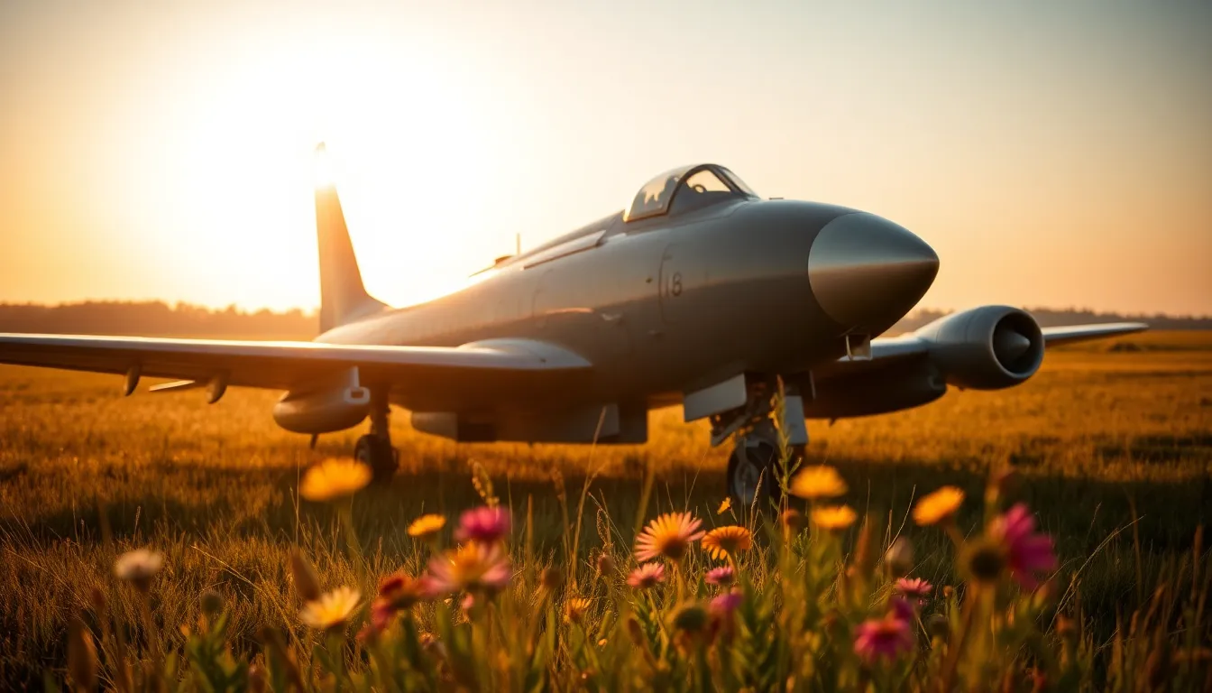 Historic Fighter Jet on Grassy Airfield