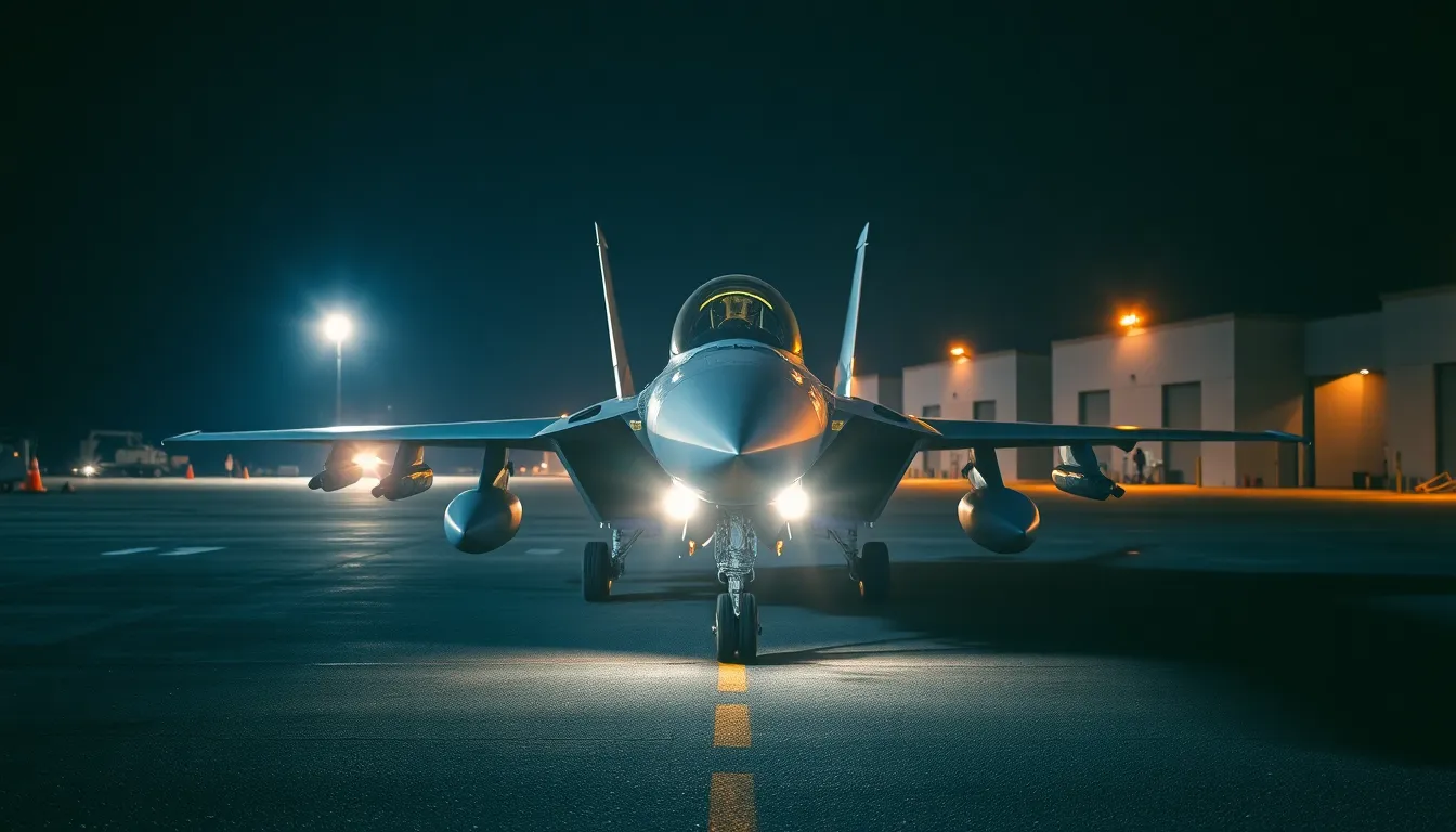 In this dramatic night scene, a fighter jet stands illuminated under bright floodlights at a bustling military airbase. The teal and orange color grading emphasizes the juxtaposition of shadow and light, creating a mood of anticipation and readiness. The hyperfocal depth of field ensures clarity throughout the scene, showcasing the jet's sleek design and the surrounding environment. This image captures the essence of military operations under the cover of darkness.