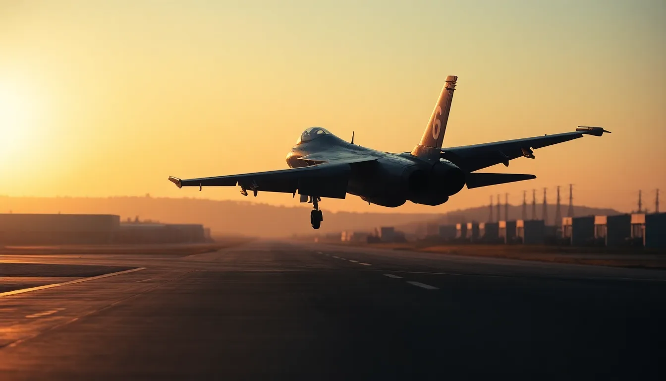Fighter Jet Taking Off at Dawn This awe-inspiring image captures a powerful fighter jet as it takes off from a military airbase at dawn. Bathed in warm sunlight, the aircraft ascends amid long shadows, symbolizing the start of a new day. The high level of detail is evident from the intricate structure of the jet to the distant hangars, creating an expansive feeling enhanced by the golden hues of the morning light.